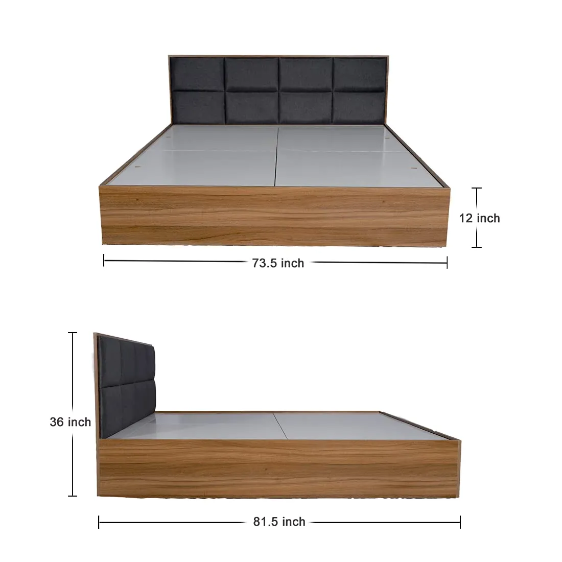 HEKAMI interiors King Size Bed with Box Storage (Upholstered Charcoal Gray Fabric, Matte,Engineered Wood)
