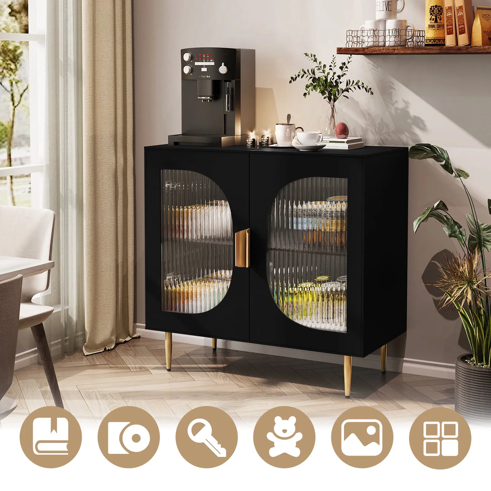 HLR Black Modern Wood Credenza Sideboard with 2-Glass Door Storage  Stylish Organizer for Kitchen, Dining, Living Room & Entryway