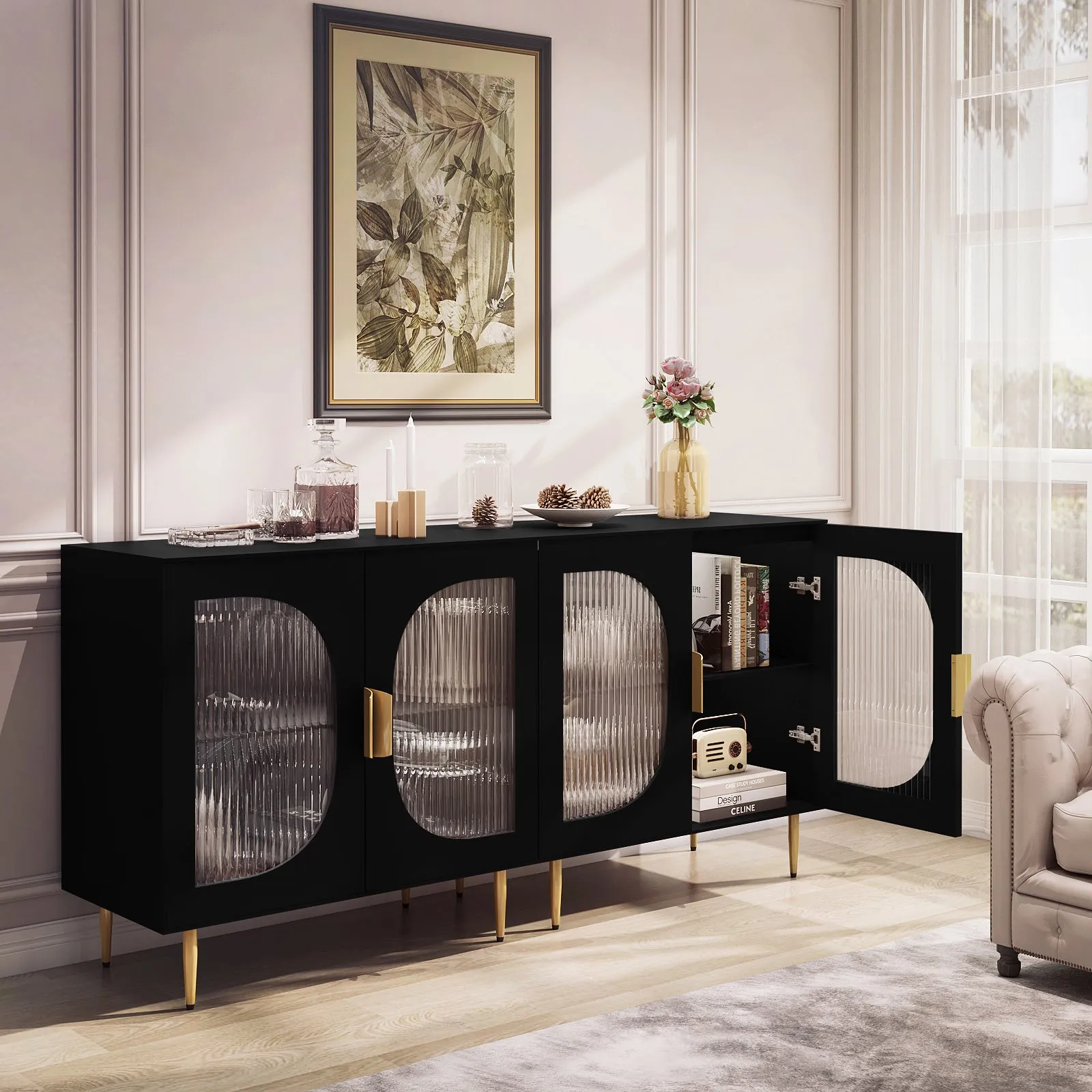 HLR Black Modern Wood Credenza Sideboard with 2-Glass Door Storage  Stylish Organizer for Kitchen, Dining, Living Room & Entryway
