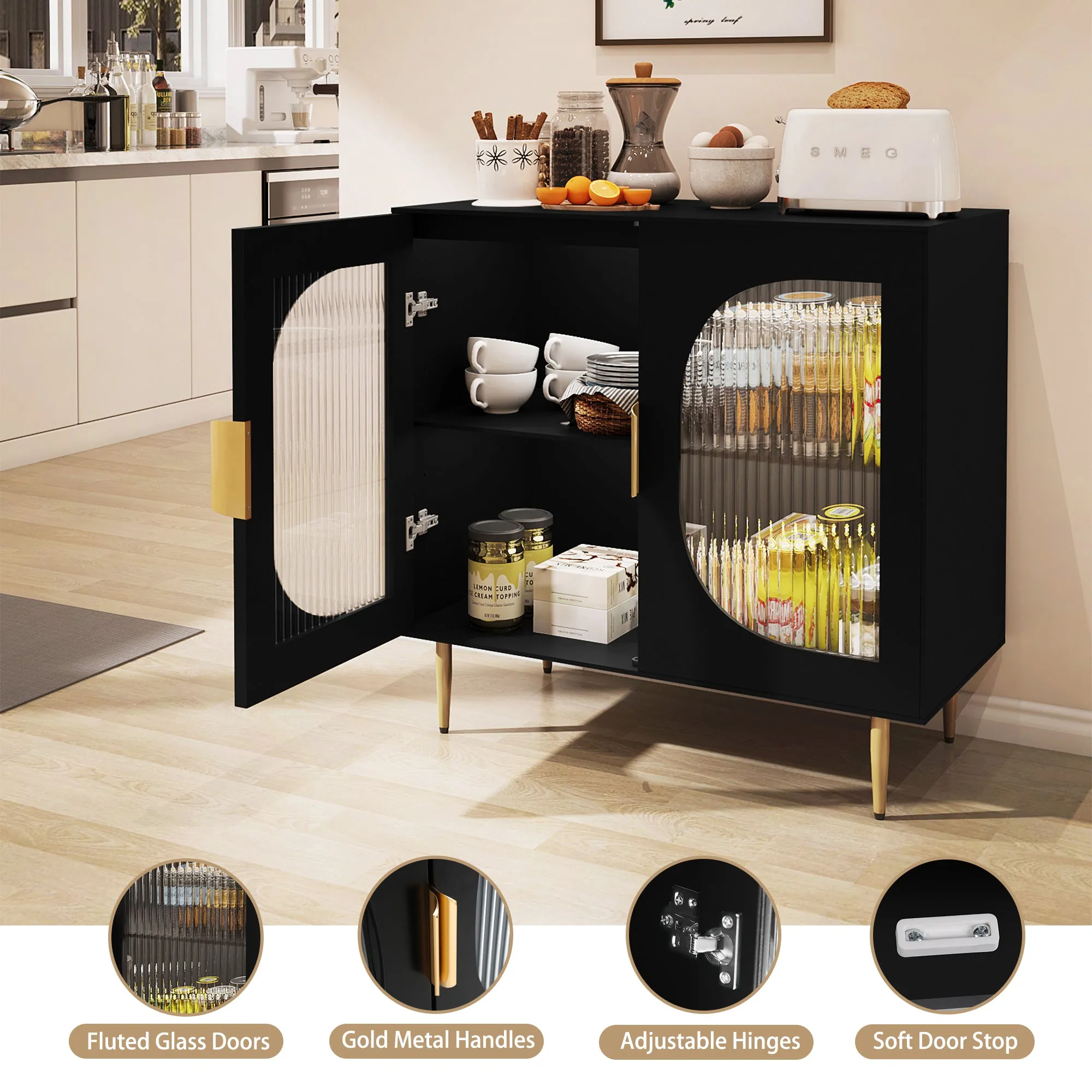 HLR Black Modern Wood Credenza Sideboard with 2-Glass Door Storage  Stylish Organizer for Kitchen, Dining, Living Room & Entryway