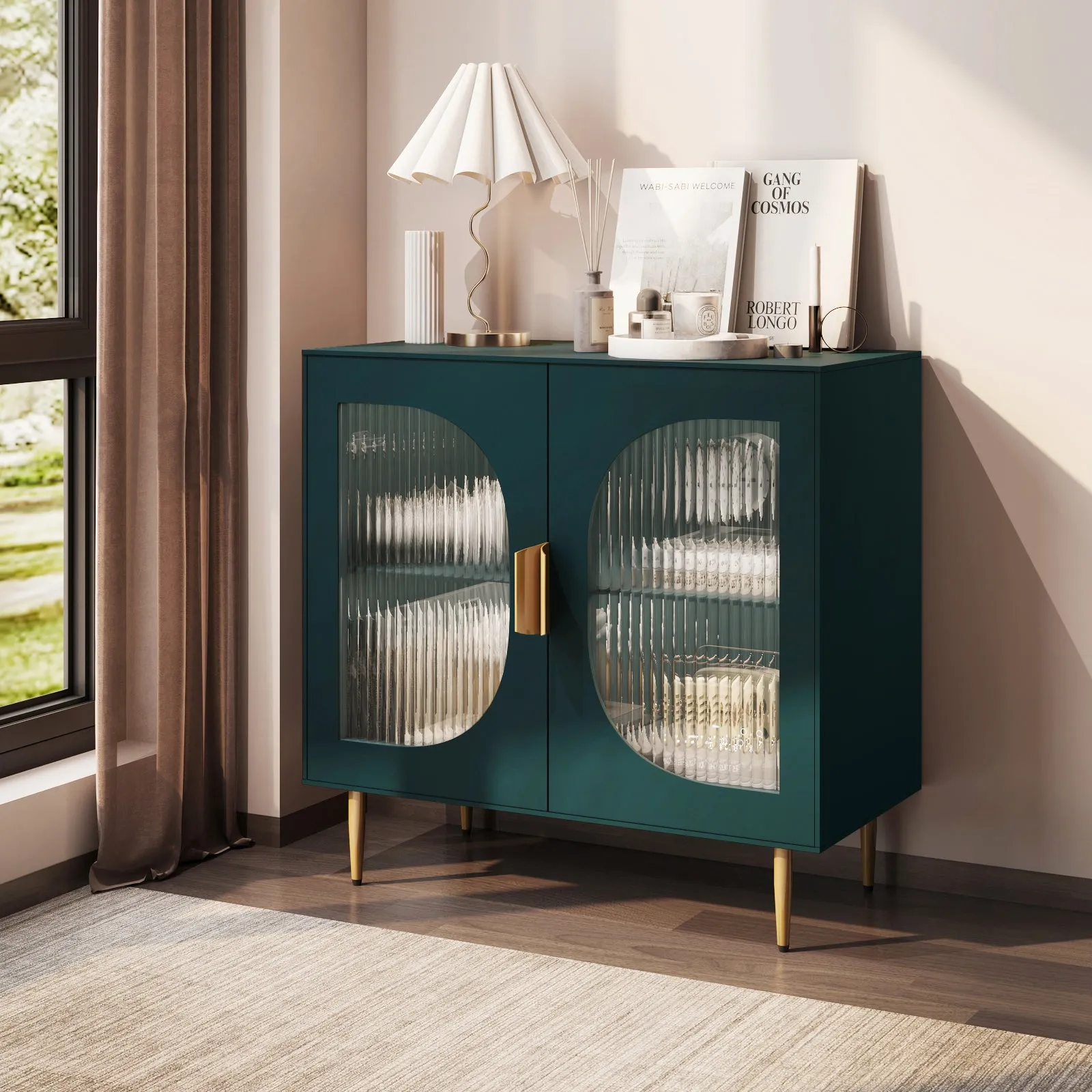 HLR Black Modern Wood Credenza Sideboard with 2-Glass Door Storage  Stylish Organizer for Kitchen, Dining, Living Room & Entryway