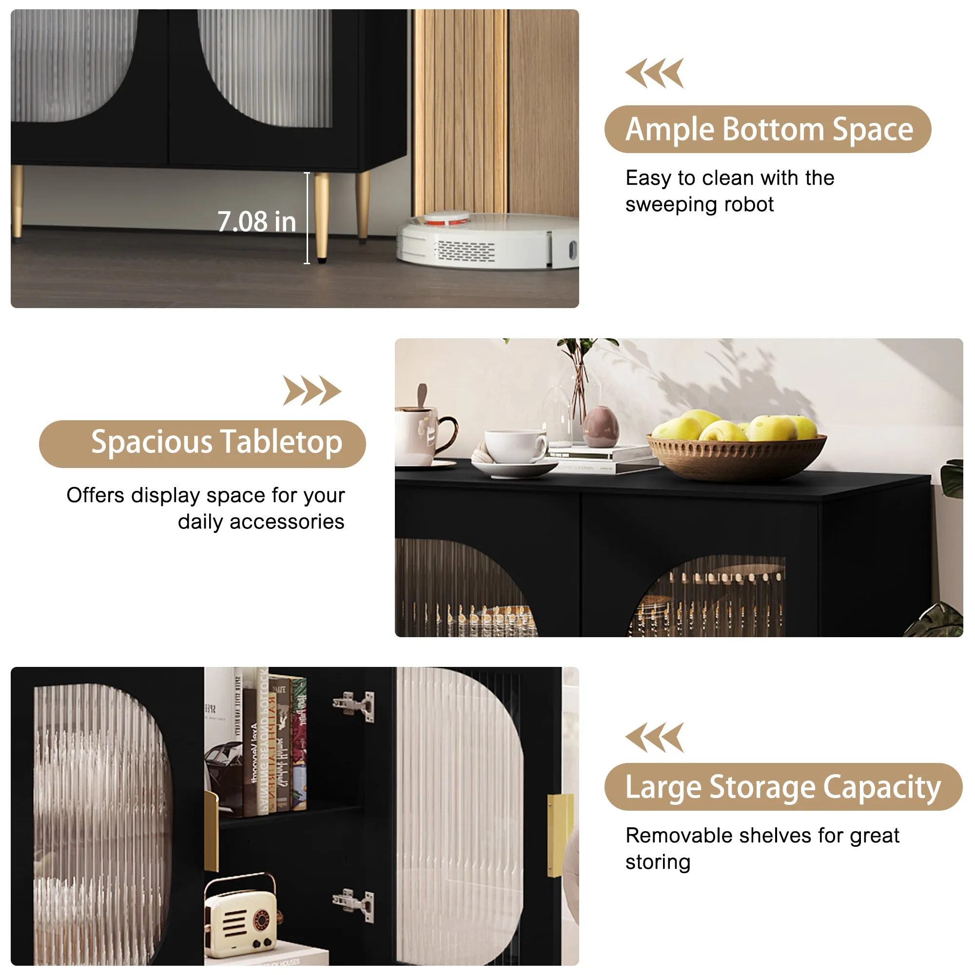 HLR Black Modern Wood Credenza Sideboard with 2-Glass Door Storage  Stylish Organizer for Kitchen, Dining, Living Room & Entryway