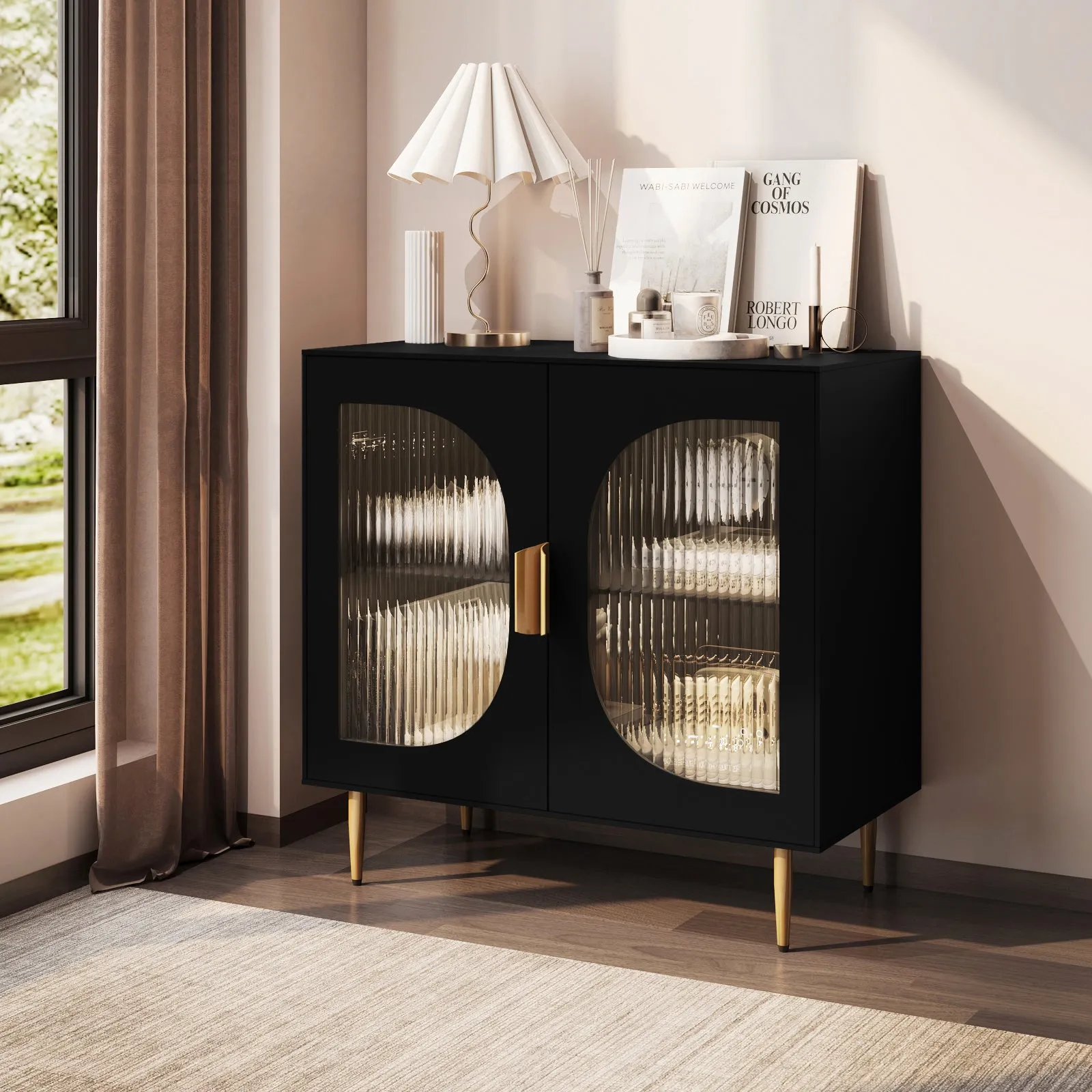 HLR Black Modern Wood Credenza Sideboard with 2-Glass Door Storage  Stylish Organizer for Kitchen, Dining, Living Room & Entryway
