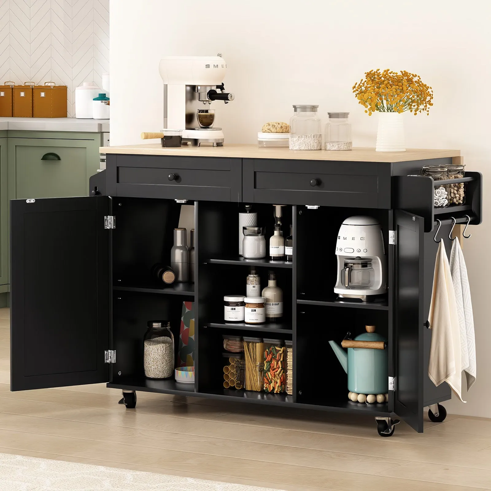 HLR Black Rolling Kitchen Island with Drop-Leaf Countertop & Barn Door Design, Storage Cabinet & Tower Rack  Mobile Cart for Kitchen
