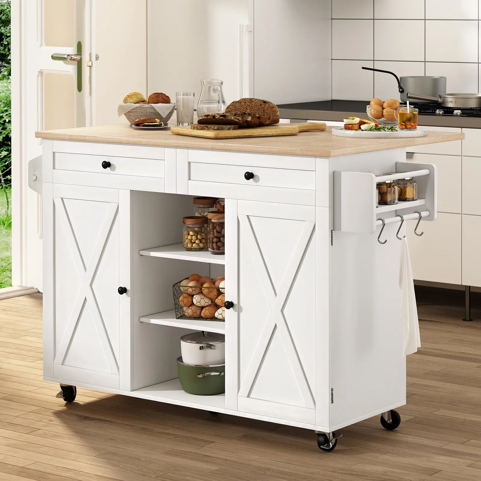 HLR Black Rolling Kitchen Island with Drop-Leaf Countertop & Barn Door Design, Storage Cabinet & Tower Rack  Mobile Cart for Kitchen