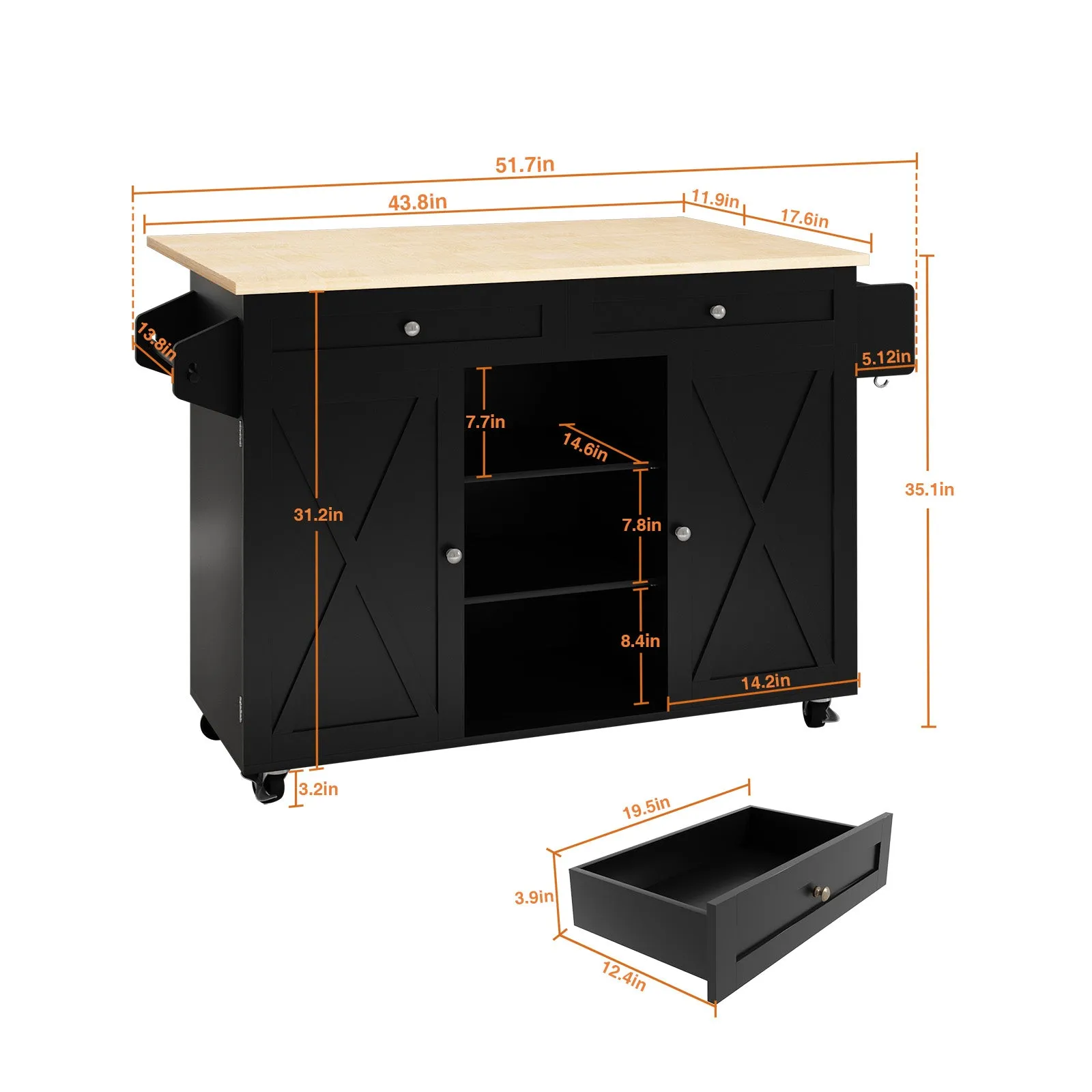 HLR Black Rolling Kitchen Island with Drop-Leaf Countertop & Barn Door Design, Storage Cabinet & Tower Rack  Mobile Cart for Kitchen