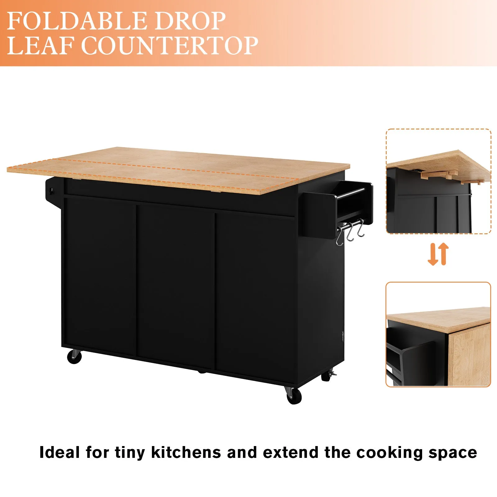 HLR Black Rolling Kitchen Island with Drop-Leaf Countertop & Barn Door Design, Storage Cabinet & Tower Rack  Mobile Cart for Kitchen