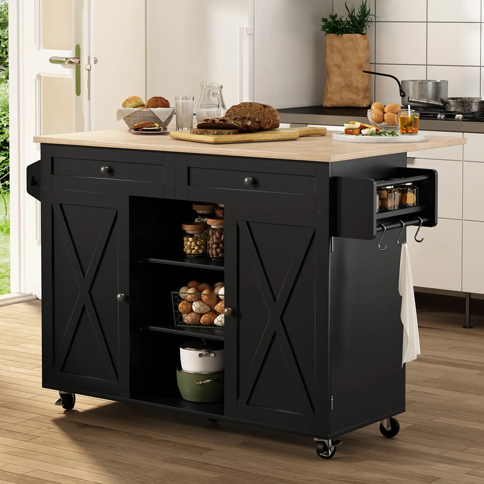HLR Black Rolling Kitchen Island with Drop-Leaf Countertop & Barn Door Design, Storage Cabinet & Tower Rack  Mobile Cart for Kitchen