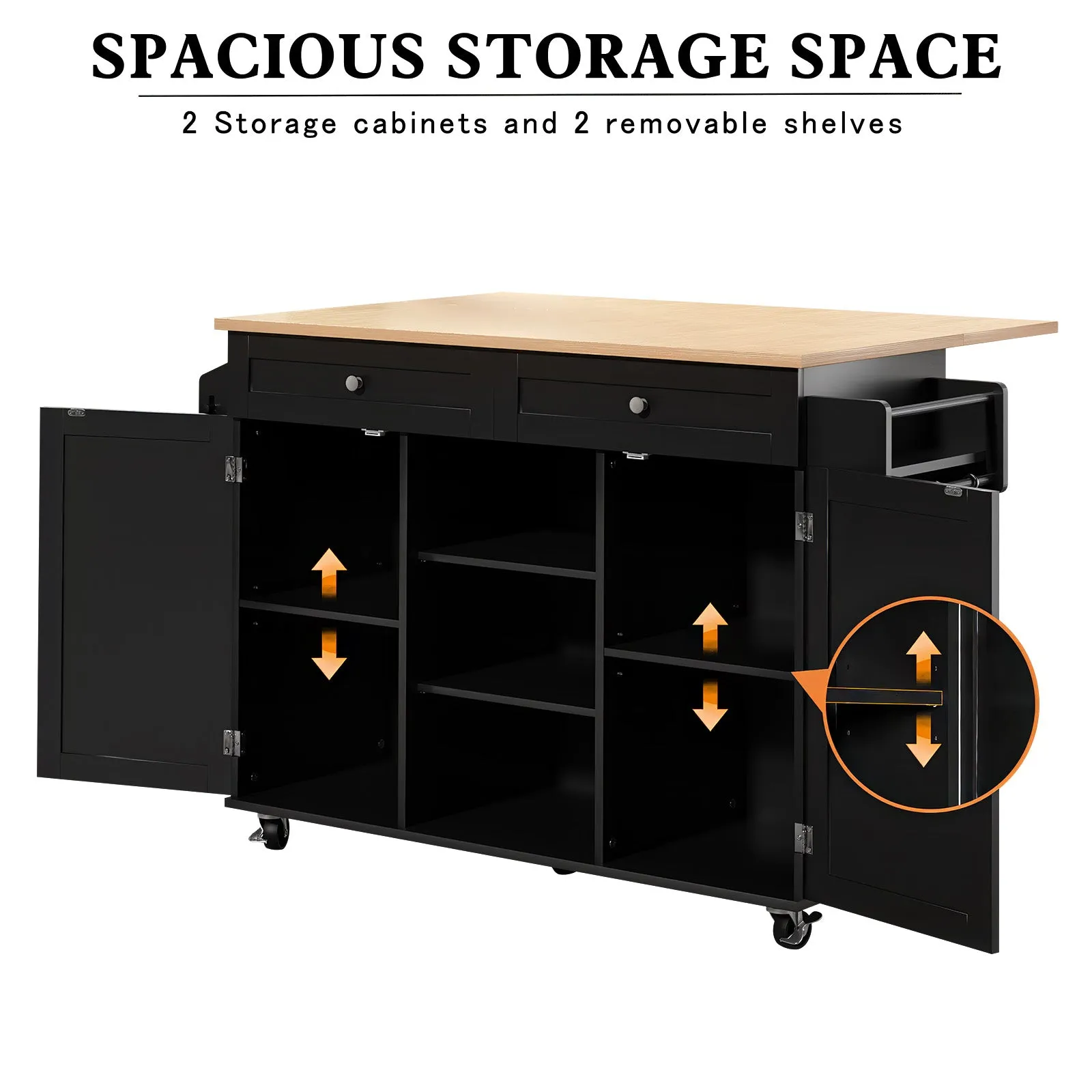 HLR Black Rolling Kitchen Island with Drop-Leaf Countertop & Barn Door Design, Storage Cabinet & Tower Rack  Mobile Cart for Kitchen