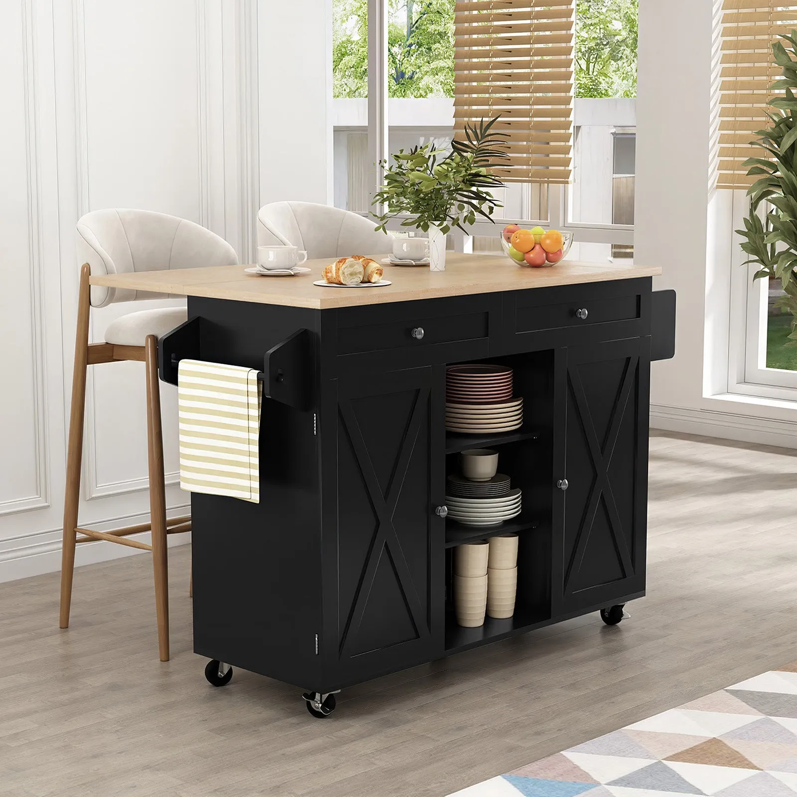HLR Black Rolling Kitchen Island with Drop-Leaf Countertop & Barn Door Design, Storage Cabinet & Tower Rack  Mobile Cart for Kitchen