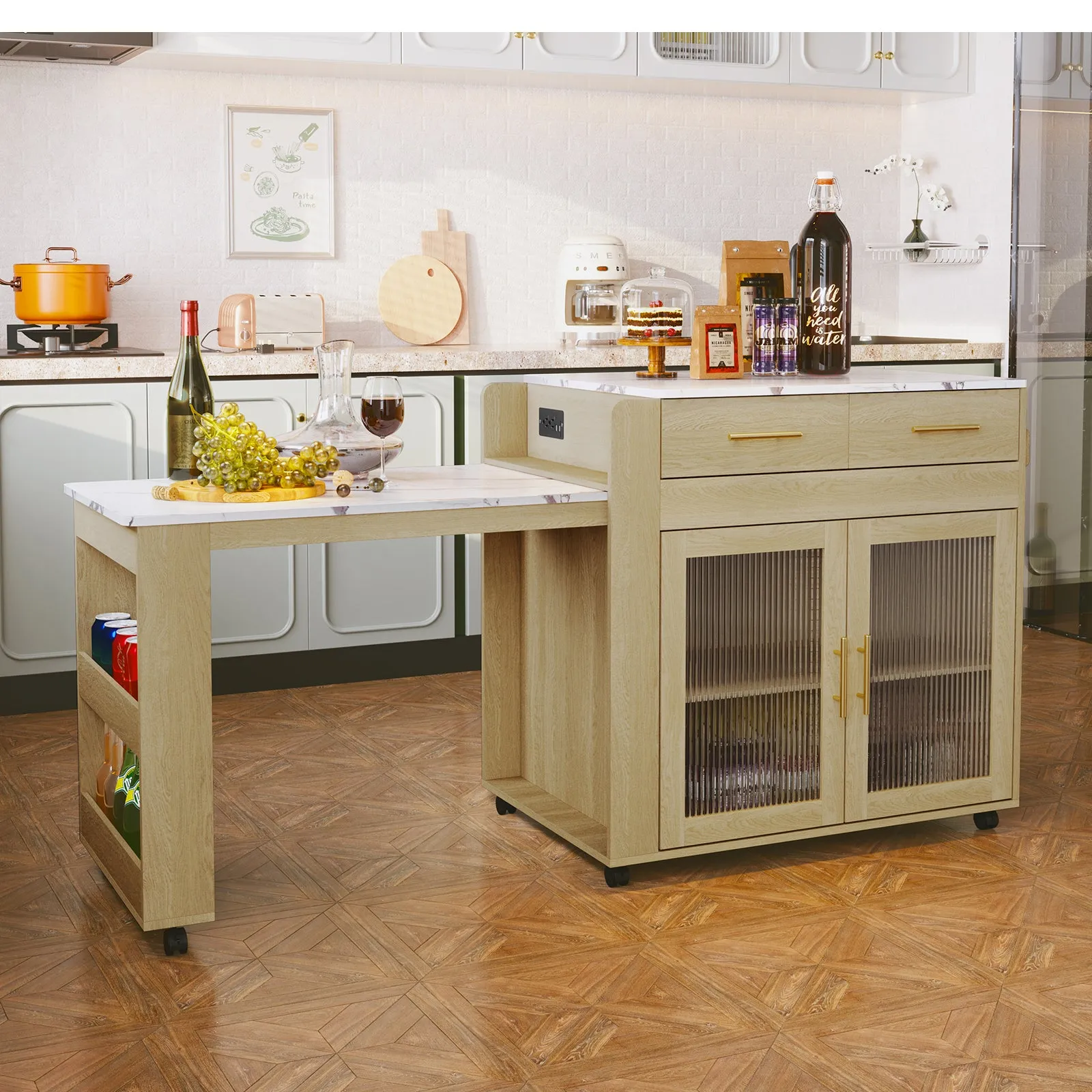 HLR Extendable Kitchen Island with Marble-Grain Top & Power Outlet, Rolling Cart with Storage Cabinet & 2 Drawers  Dining Prep Table for Kitchen