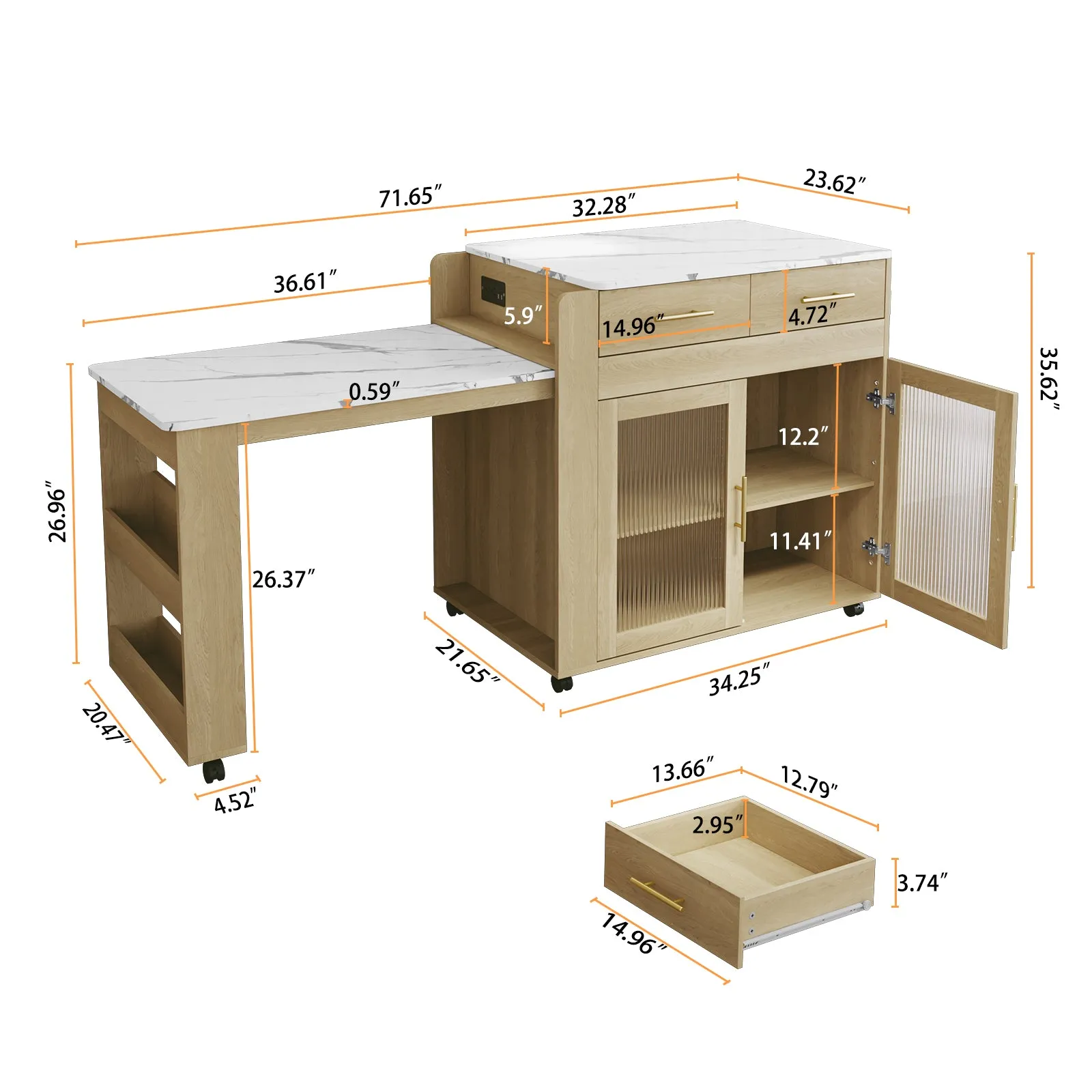 HLR Extendable Kitchen Island with Marble-Grain Top & Power Outlet, Rolling Cart with Storage Cabinet & 2 Drawers  Dining Prep Table for Kitchen