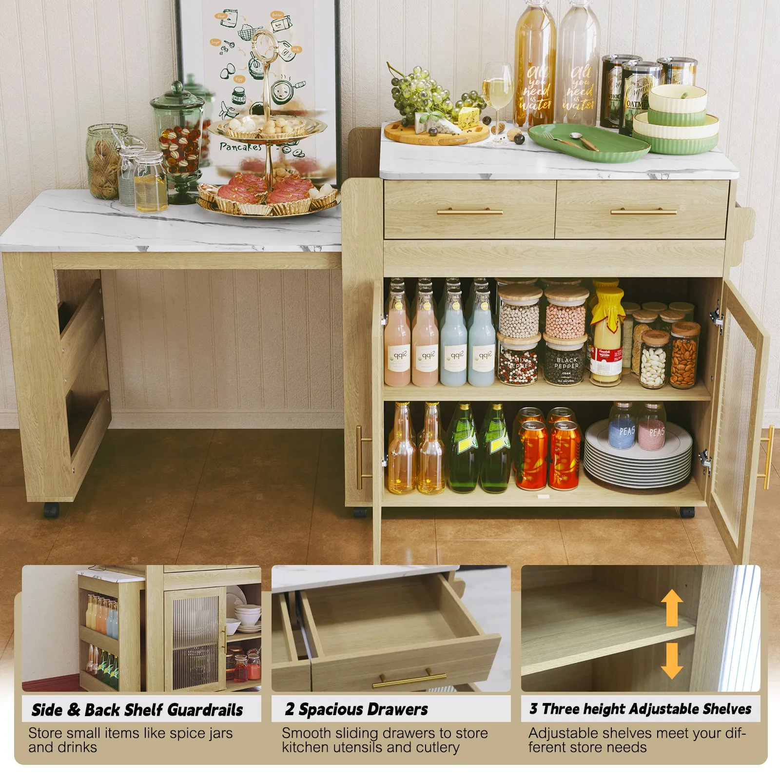 HLR Extendable Kitchen Island with Marble-Grain Top & Power Outlet, Rolling Cart with Storage Cabinet & 2 Drawers  Dining Prep Table for Kitchen