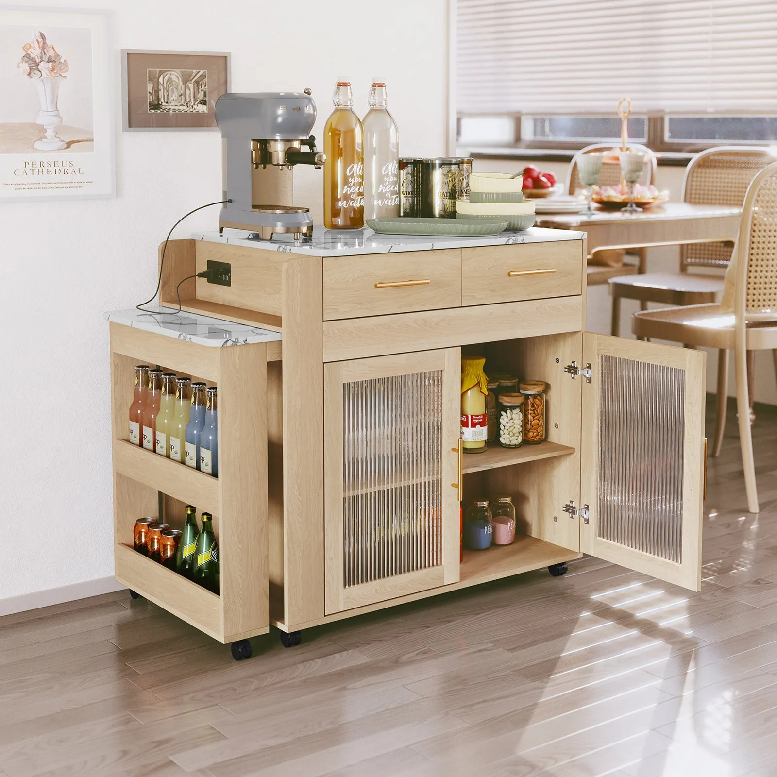 HLR Extendable Kitchen Island with Marble-Grain Top & Power Outlet, Rolling Cart with Storage Cabinet & 2 Drawers  Dining Prep Table for Kitchen