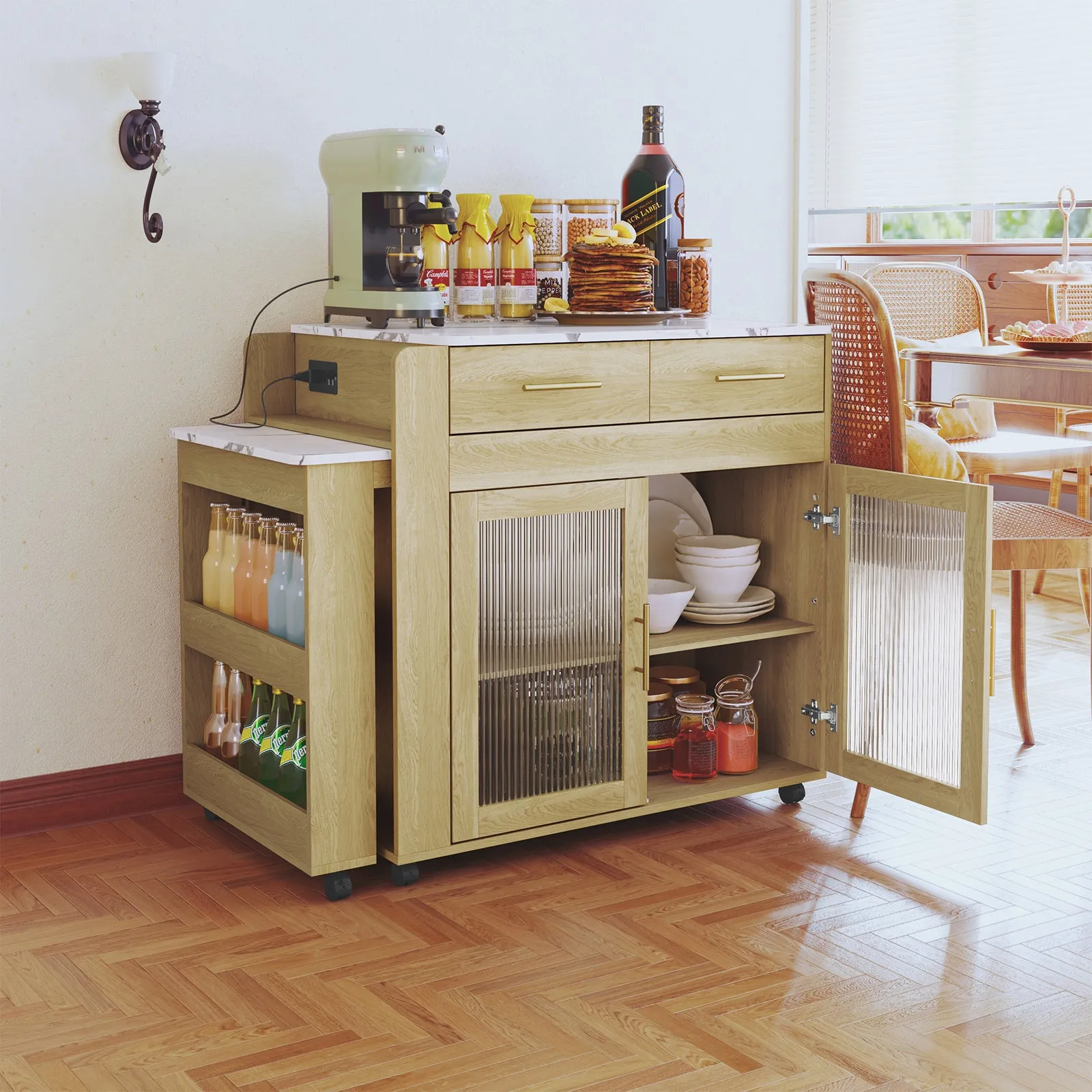 HLR Extendable Kitchen Island with Marble-Grain Top & Power Outlet, Rolling Cart with Storage Cabinet & 2 Drawers  Dining Prep Table for Kitchen