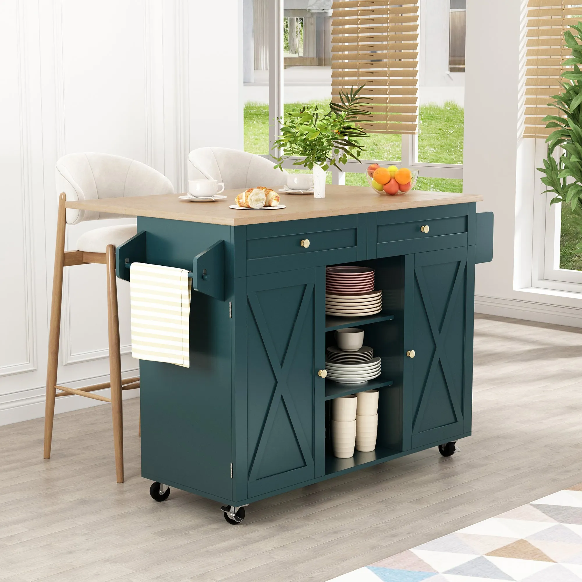 HLR Green Rolling Kitchen Island with Drop-Leaf Countertop & Barn Door Design, Storage Cabinet & Tower Rack  Mobile Cart for Kitchen