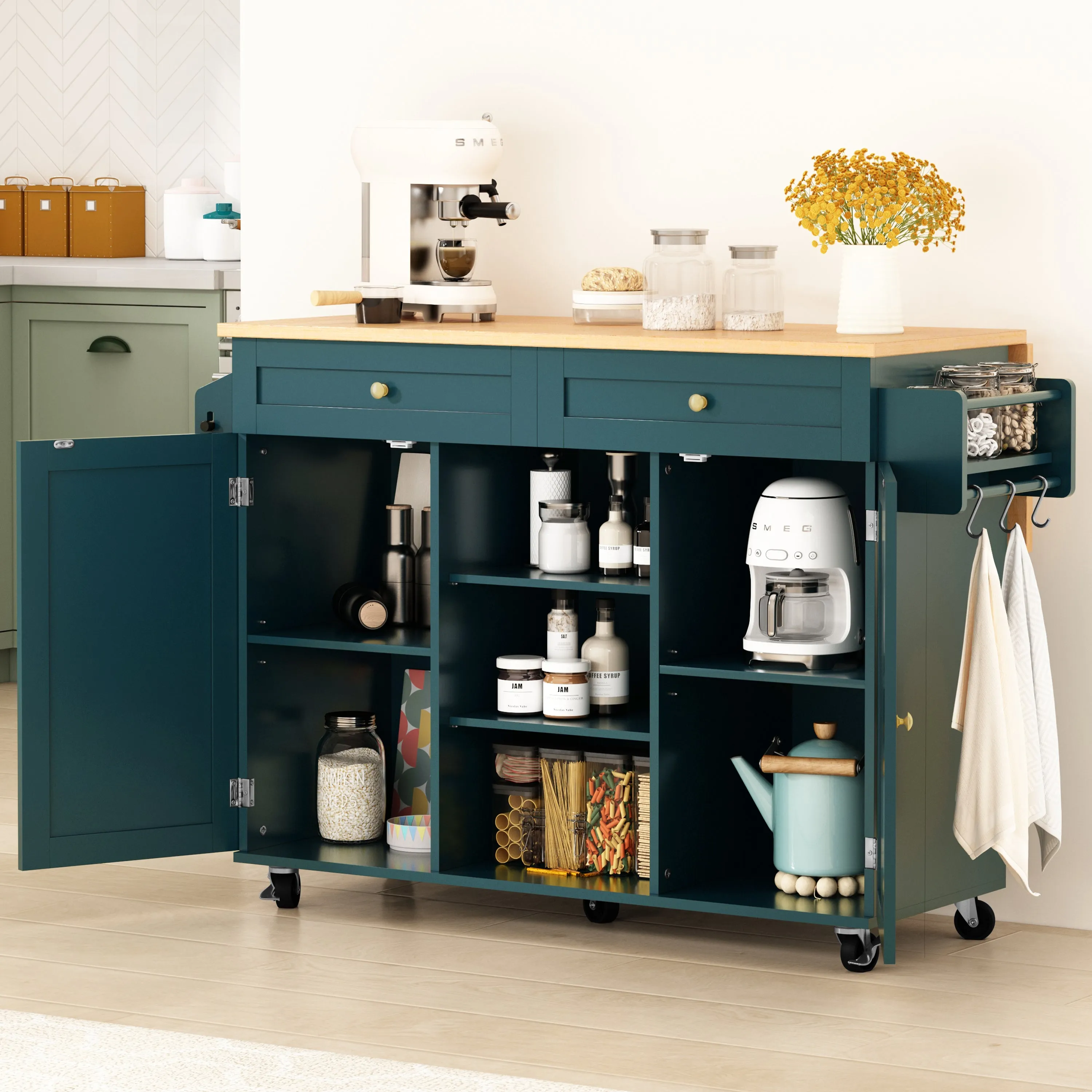 HLR Green Rolling Kitchen Island with Drop-Leaf Countertop & Barn Door Design, Storage Cabinet & Tower Rack  Mobile Cart for Kitchen