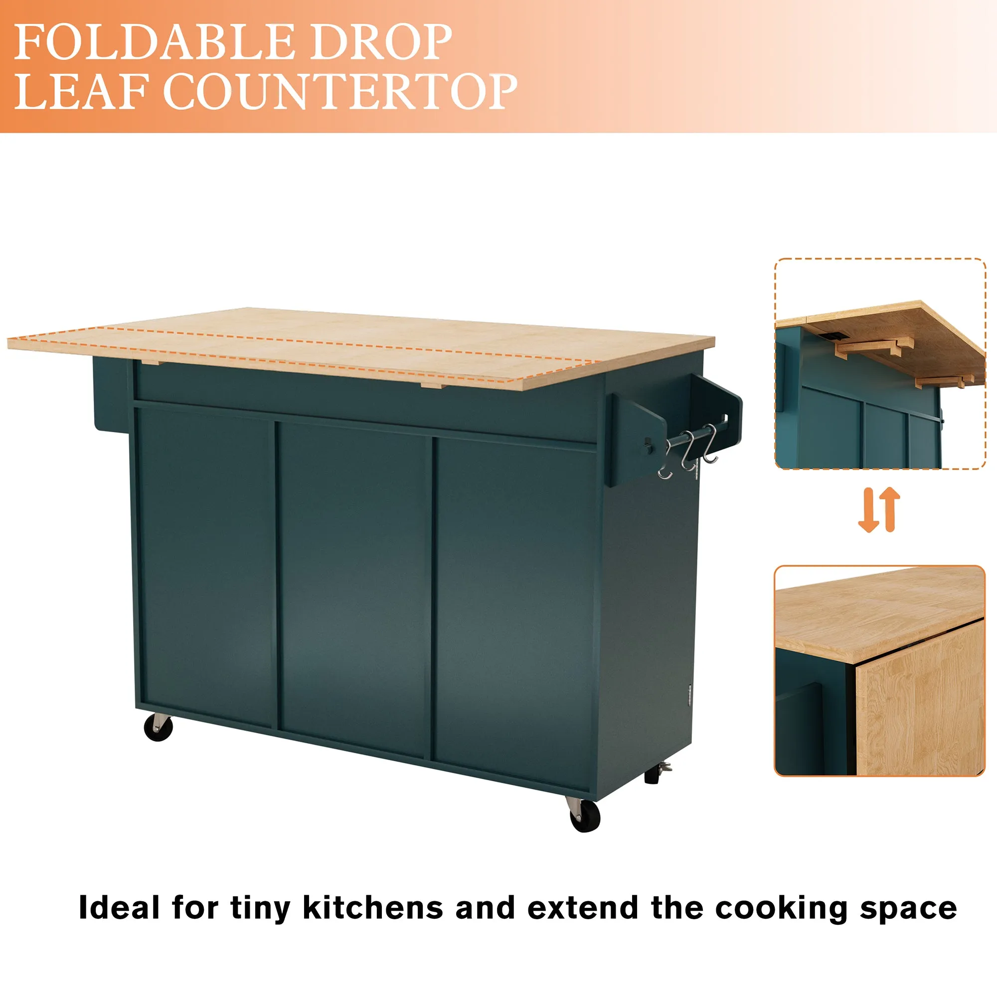 HLR Green Rolling Kitchen Island with Drop-Leaf Countertop & Barn Door Design, Storage Cabinet & Tower Rack  Mobile Cart for Kitchen