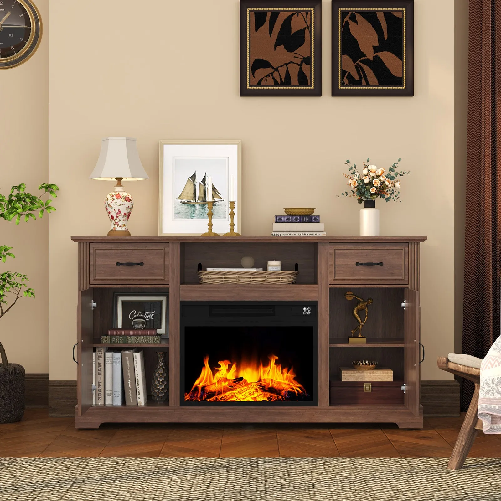 HLR White Modern Fireplace TV Stand for TVs Up to 65", Adjustable Shelf Entertainment Center with Storage for Living Room