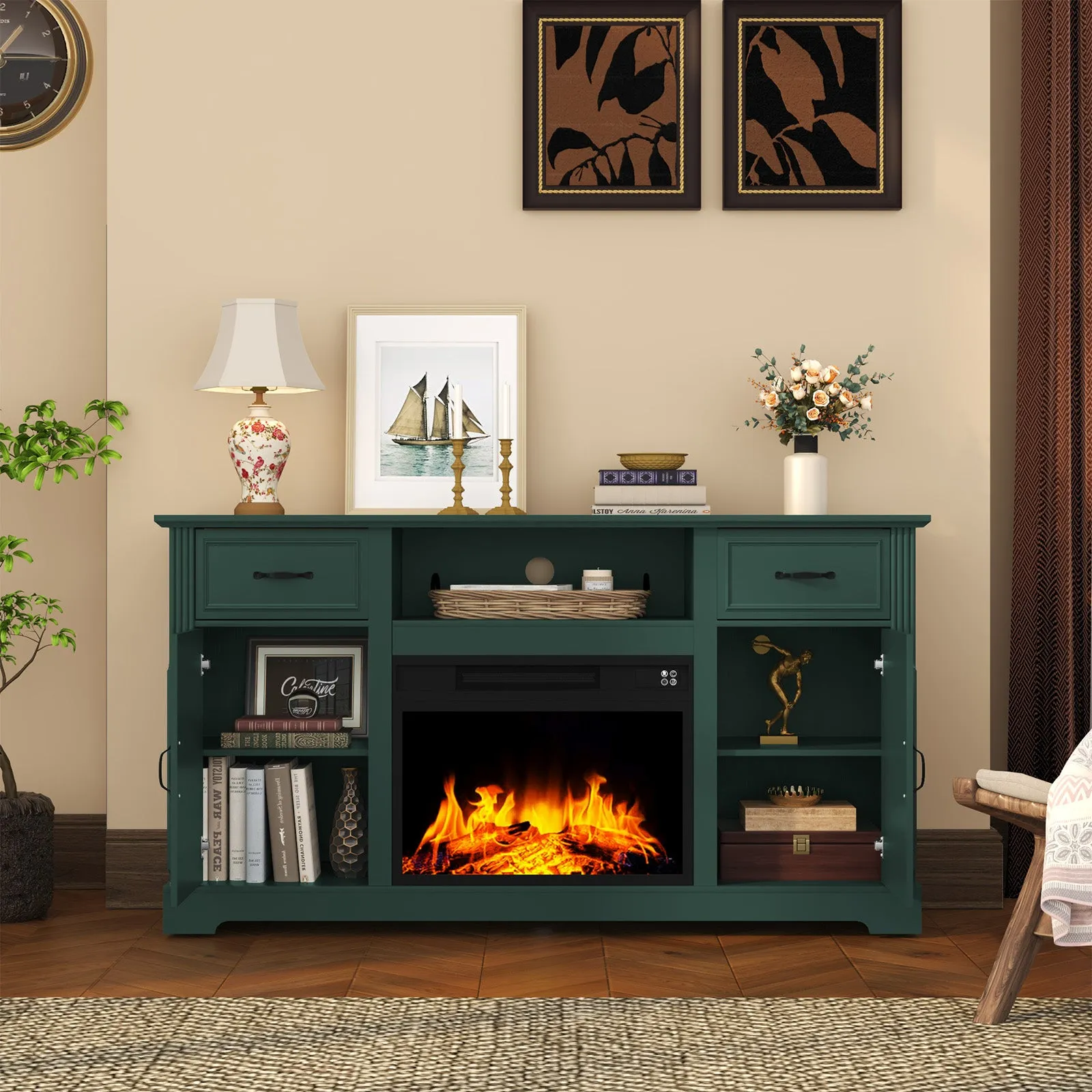 HLR White Modern Fireplace TV Stand for TVs Up to 65", Adjustable Shelf Entertainment Center with Storage for Living Room