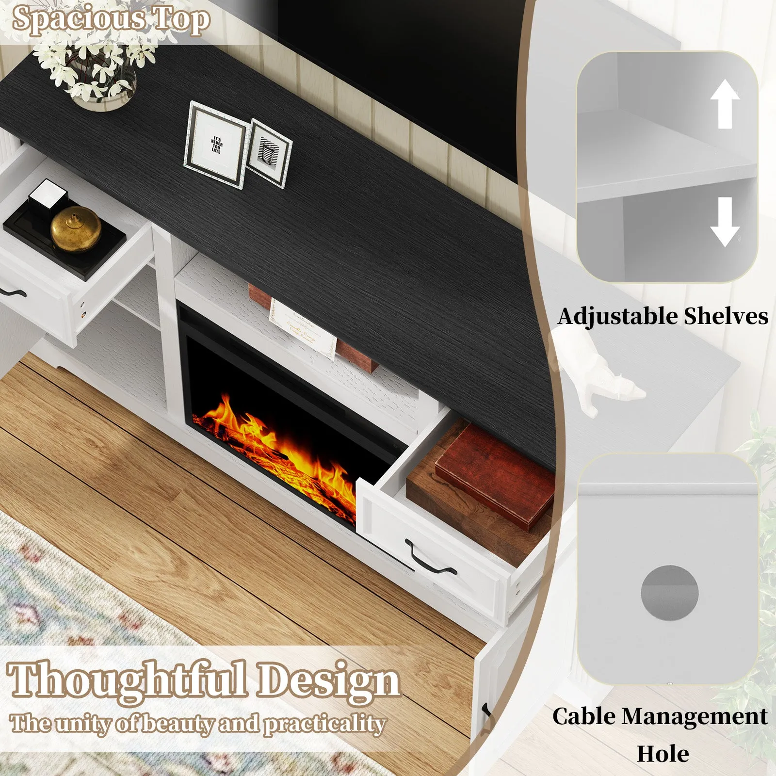HLR White Modern Fireplace TV Stand for TVs Up to 65", Adjustable Shelf Entertainment Center with Storage for Living Room