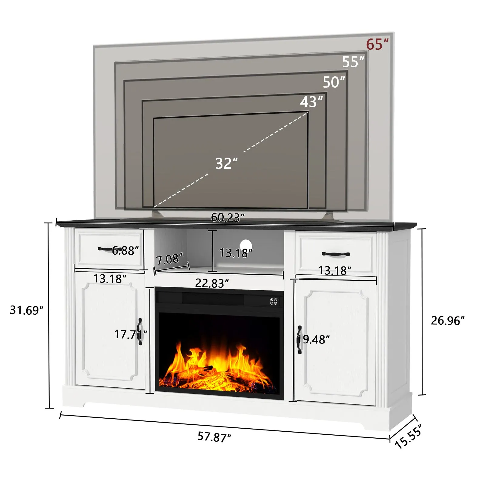 HLR White Modern Fireplace TV Stand for TVs Up to 65", Adjustable Shelf Entertainment Center with Storage for Living Room