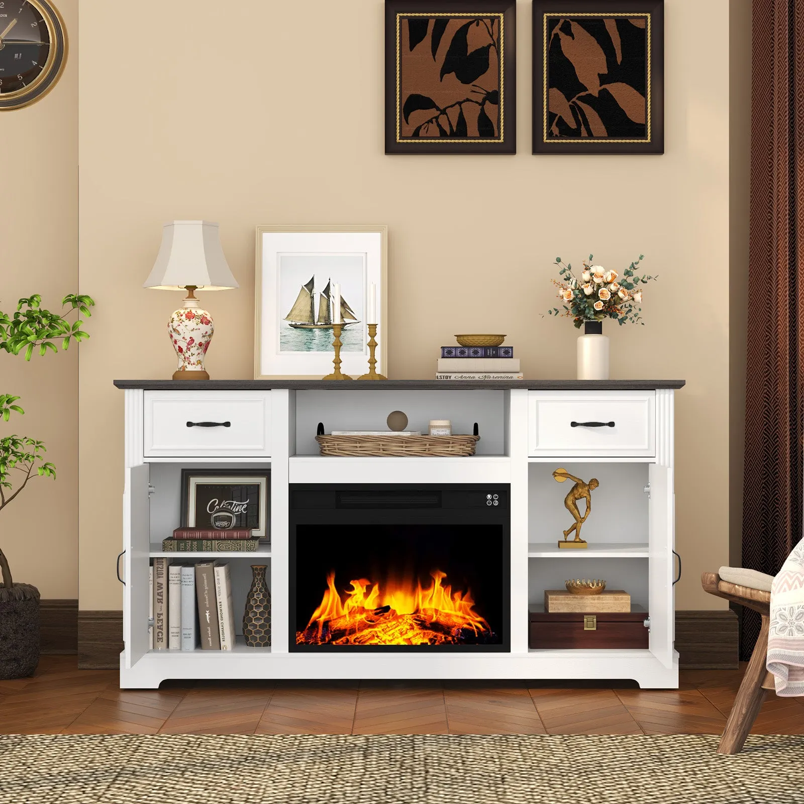 HLR White Modern Fireplace TV Stand for TVs Up to 65", Adjustable Shelf Entertainment Center with Storage for Living Room