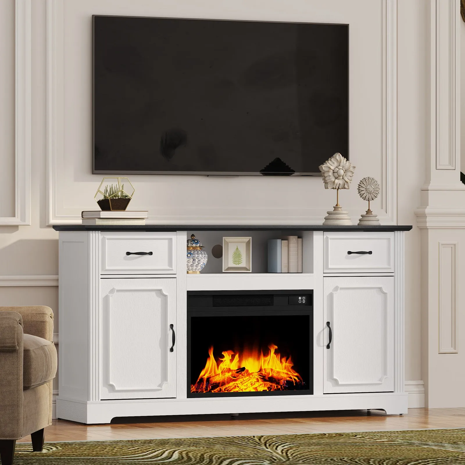 HLR White Modern Fireplace TV Stand for TVs Up to 65", Adjustable Shelf Entertainment Center with Storage for Living Room