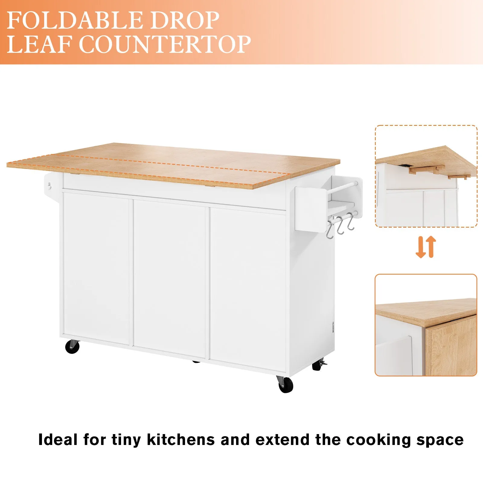 HLR White Rolling Kitchen Island with Drop-Leaf Countertop & Barn Door Design, Storage Cabinet & Tower Rack  Mobile Cart for Kitchen