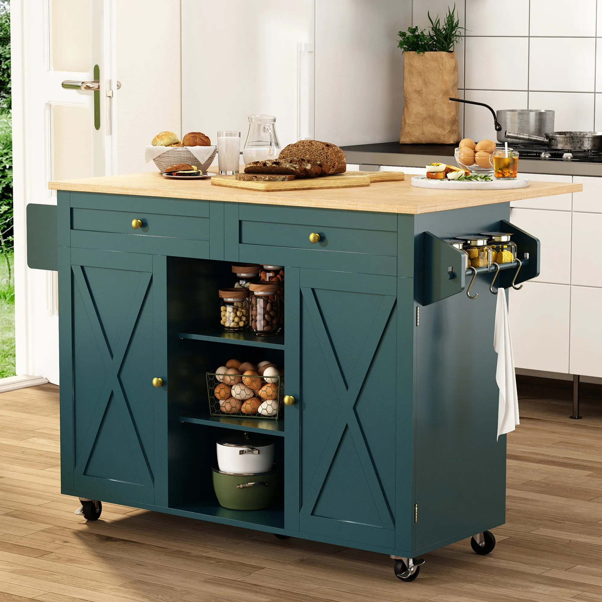 HLR White Rolling Kitchen Island with Drop-Leaf Countertop & Barn Door Design, Storage Cabinet & Tower Rack  Mobile Cart for Kitchen