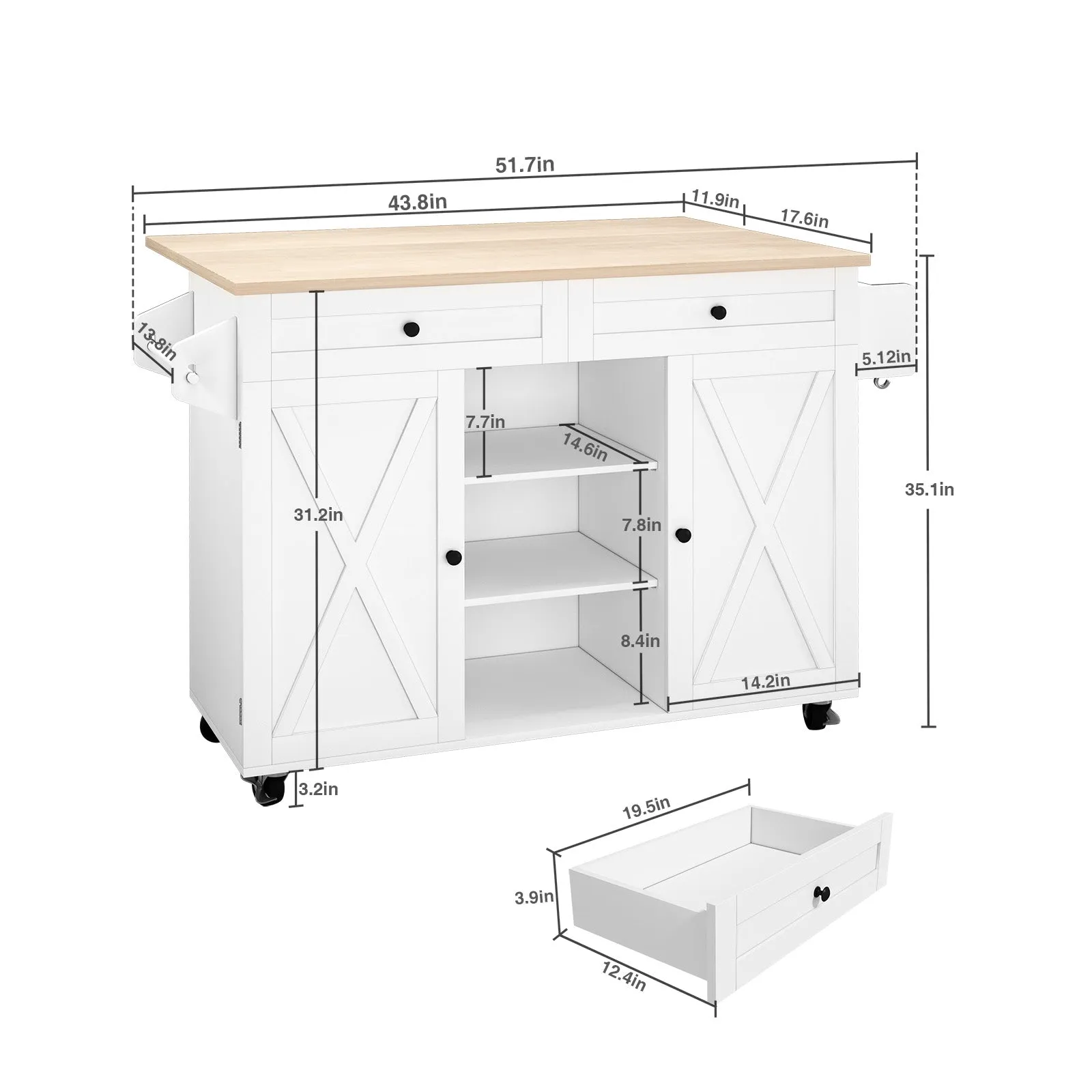 HLR White Rolling Kitchen Island with Drop-Leaf Countertop & Barn Door Design, Storage Cabinet & Tower Rack  Mobile Cart for Kitchen