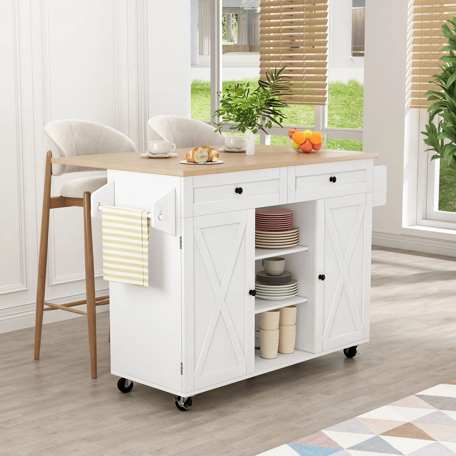 HLR White Rolling Kitchen Island with Drop-Leaf Countertop & Barn Door Design, Storage Cabinet & Tower Rack  Mobile Cart for Kitchen