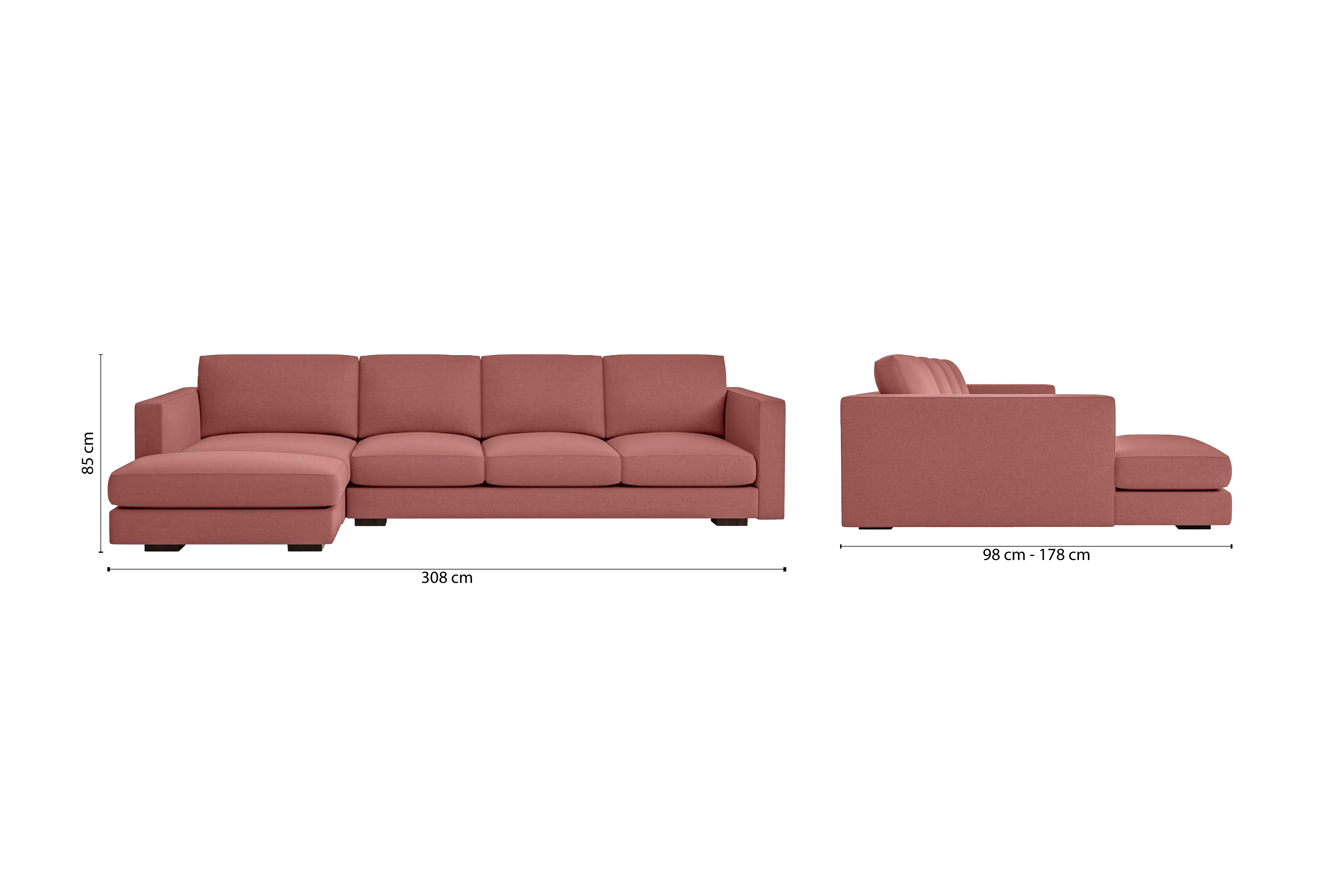 Messina 4 Seater Left Hand Facing Chaise Lounge Corner Sofa Rose Pink Linen Fabric
