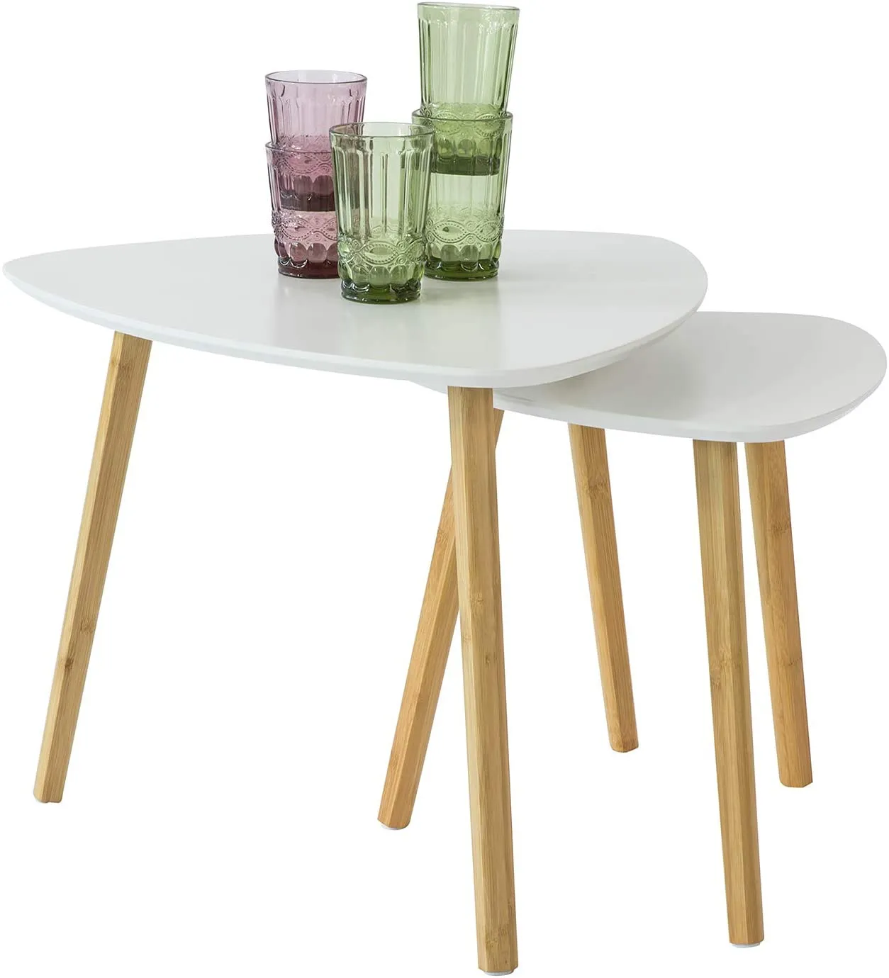 Modern Set of 2 White MDF Bamboo Side Nesting Tables