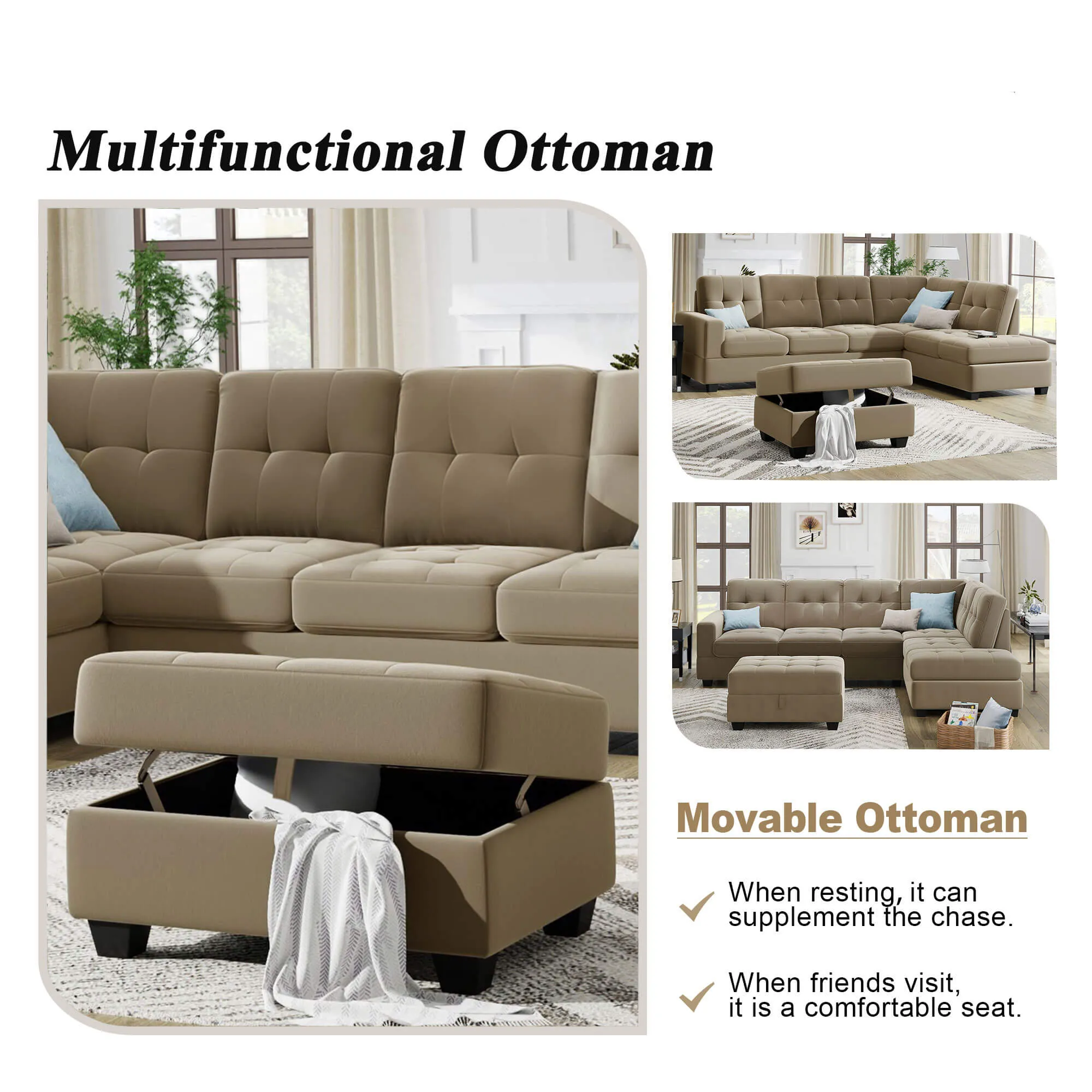 Sectional Sofa with Reversible Chaise Lounge L-Shaped Couch with Storage Ottoman (Brown)